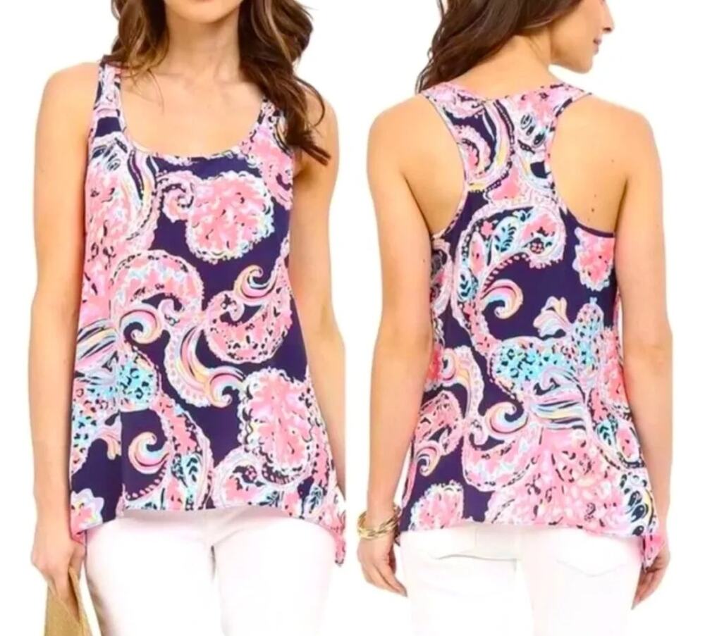 Lilly Pulitzer Women's 100% Silk Racerback For The Halibutt Malie Tank Multi S